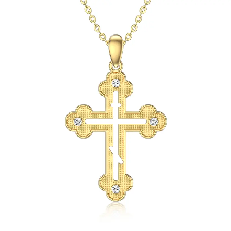 14K Gold Cubic Zirconia Hollow Cloud Cross Pendant Necklace