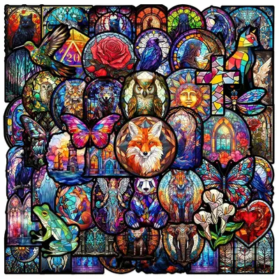 Vintage Gothic Stained Glass Pattern Car Stickers, 50pcs/set Animal & Flower Pattern Waterproof Car Stickers, Self-adhesive D...