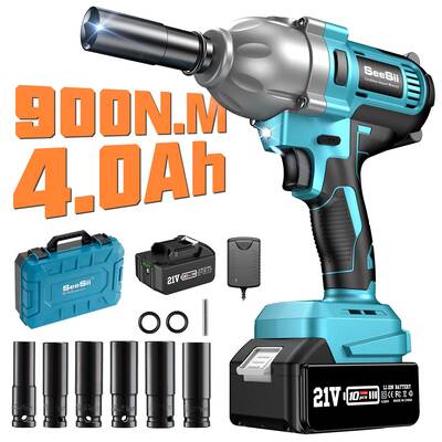 Seesii Cordless Impact Wrench 1/2-inch, High Torque 1200N.m, Compact Wrench w/ 1X 4.0Ah Battery, 3300RPM, 6 Sockets, Ele
