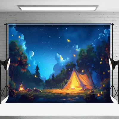 Forest Tent Bonfire Night Sky Photography Backdrop - Aperturee