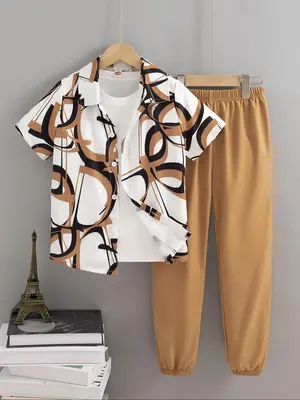 Two-piece Set Boy's All Over Print Short Sleeve Shirt & Pants Set, Casual Summer Clothes for Kids, Kids Clothing for Daily We...