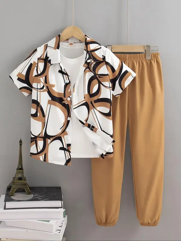 Two-piece Set Boy's All Over Print Short Sleeve Shirt & Pants Set, Casual Summer Clothes for Kids, Kids Clothing for Daily We...