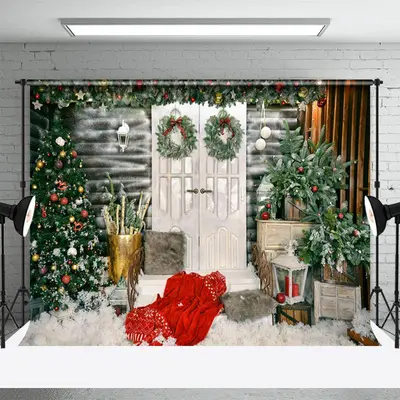 Door Wreath Pine Tree Outdoor Christmas Backdrop - Aperturee