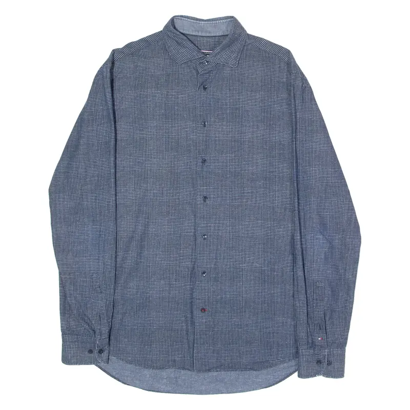 TOMMY HILFIGER Tailored Fitted Mens Shirt Blue Houndstooth Long Sleeve L