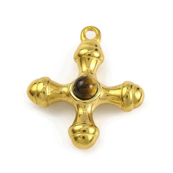 Natural Tiger Eye & 304 Stainless Steel Cross Pendants