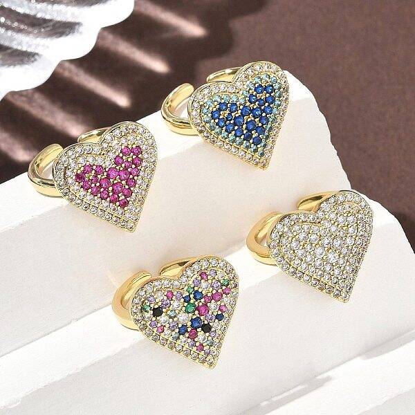 Heart Brass Micro Pave Cubic Zirconia Cuff Rings for Women