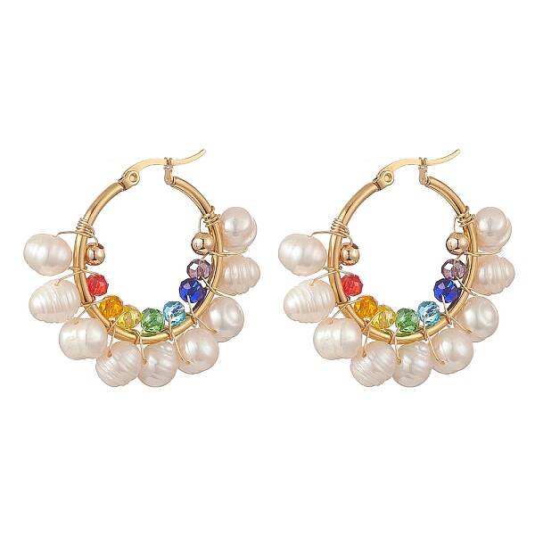 Glass & Natural Pearl Beaded Hoop Earrings
