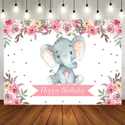Pink Floral Lovely Elephant Happy Birthday Backdrop - Aperturee