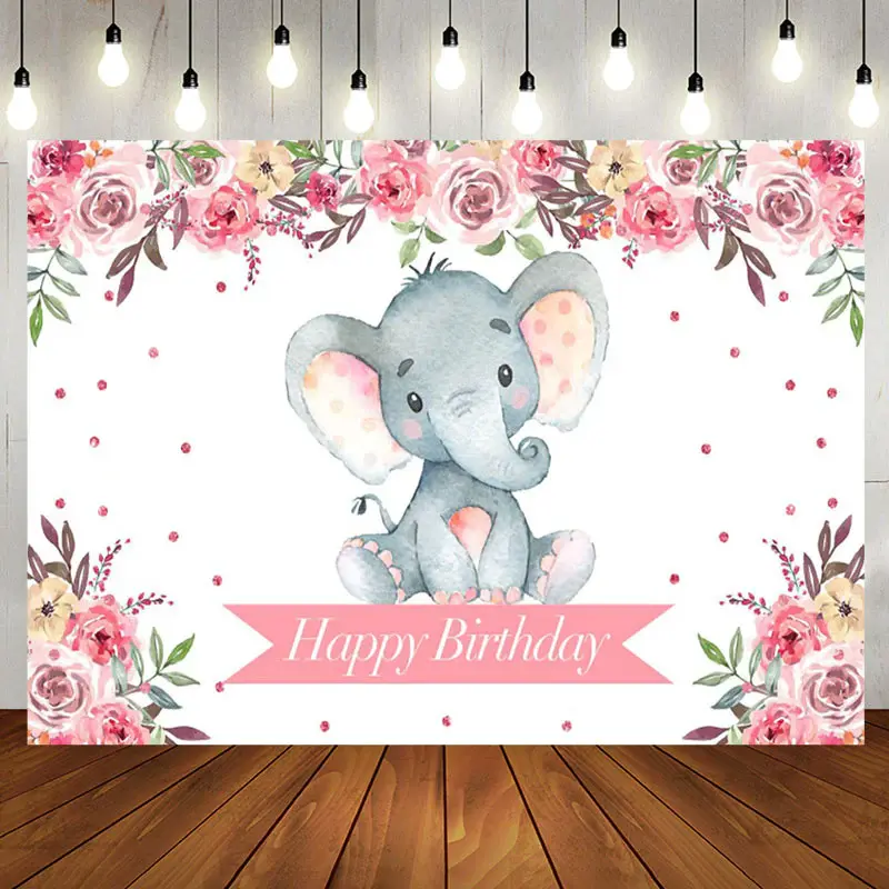 Pink Floral Lovely Elephant Happy Birthday Backdrop - Aperturee