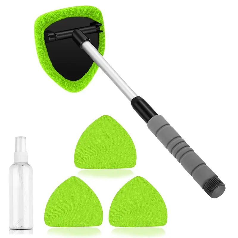Windshield Cleaning Tool, Microfiber Car Window Cleaner with 4 Reusable and Washable Microfiber Pads and Extendable Handle
