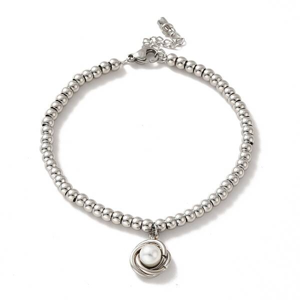 201 Stainless Steel Interlocking Knot with Plastic Pearl Charm Bracelet with Round Beads for Women