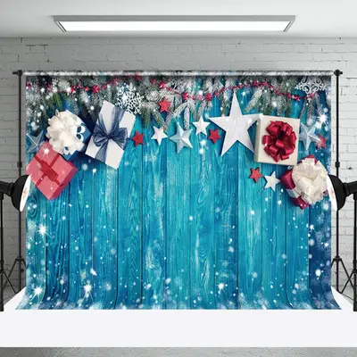 Aperturee Snowy Blue Wooden Gifts Pine Leaf Christmas Backdrop