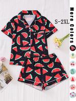 Women's All Over Fruit Print Button Front Shirt & Elastic Waist Shorts Pyjama Set, Cute Short Sleeve Lapel Top & Shorts Pj Se...