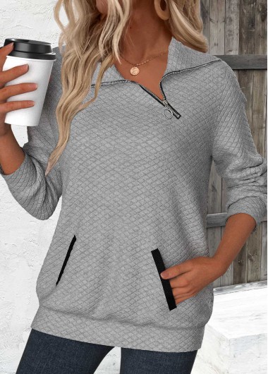 Modlily Grey Jacquard Long Sleeve Asymmetrical Neck Sweatshirt - XL
