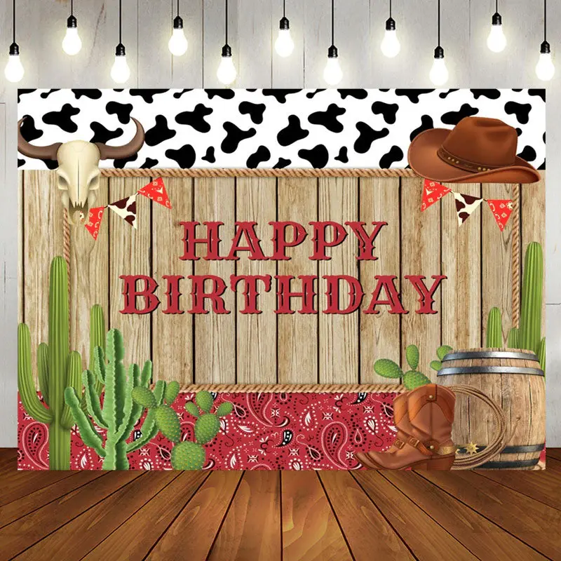 Cowboy Wood Cactus Brown Cap Boots Birthday Backdrop - Aperturee