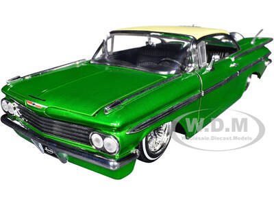1959 Chevrolet Impala Lowrider Green Metallic with Cream Top and Wire Wheels Street Low Series 1/24 Diecast Model Car by Ja...