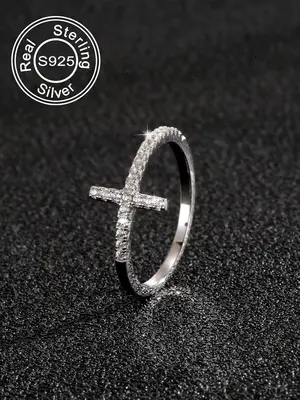 925 Sterling Silver Fashion Cross Design Cuff Ring, Adjustable Open Ring for Women & Girls, Trendy All-match & Exquisite Jewe...