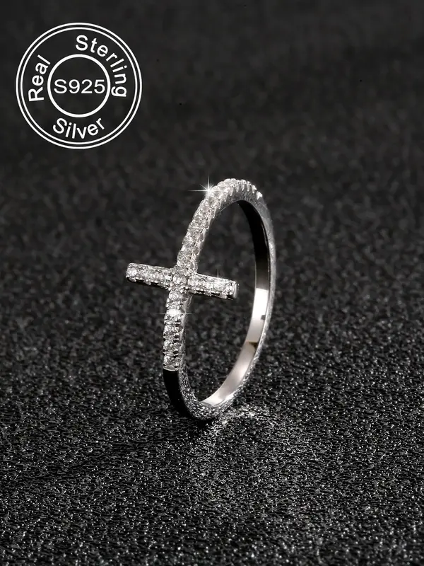 925 Sterling Silver Fashion Cross Design Cuff Ring, Adjustable Open Ring for Women & Girls, Trendy All-match & Exquisite Jewe...