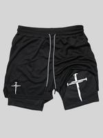 Men's Cross Print Drawstring Waist 2 in 1 Sports Shorts, Regular Fit Sporty Breathable Quick Drying Pocket Shorts, Gym Shorts...