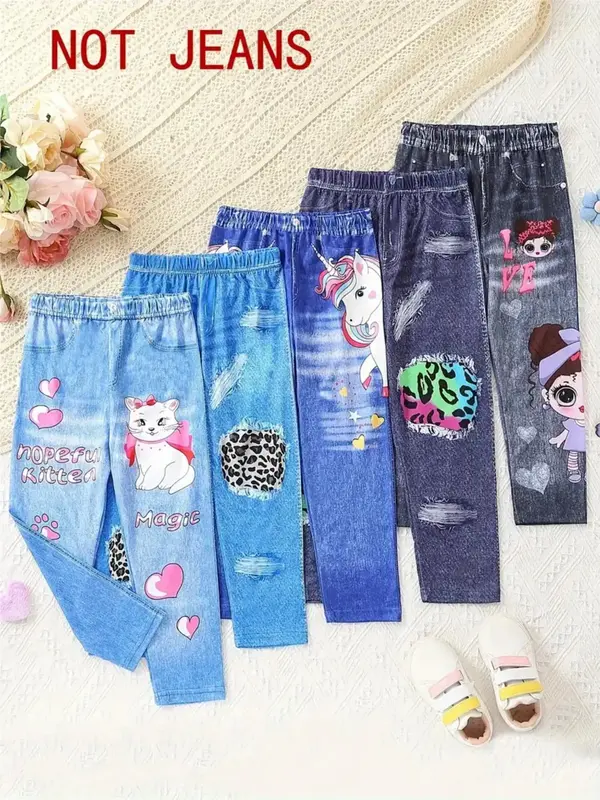 Girl's Cartoon Print ＆ Denim-effect Print Pants, Casual Comfy Trousers for Spring & Fall, Kids Bottoms for Daily Wear