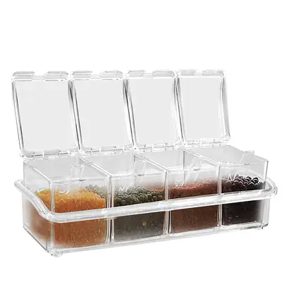 Seasoning Box with Spoons, 4 Compartments Seasoning Pot for Kitchen, Clear Flip Top Type Spice Container, Kitchen Seasoning U...