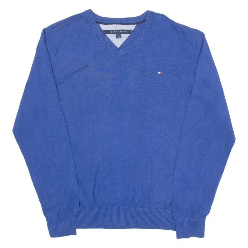 TOMMY HILFIGER Mens Jumper Blue V-Neck Tight Knit L
