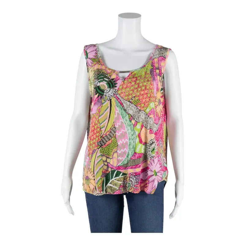 Y2K Boho Crazy Top Pink Floral Sleeveless Womens XL