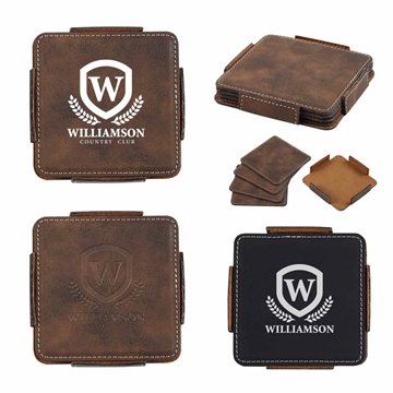25 Custom 4-Piece Stitched Coaster Set - Leather Look & Non-Slip
