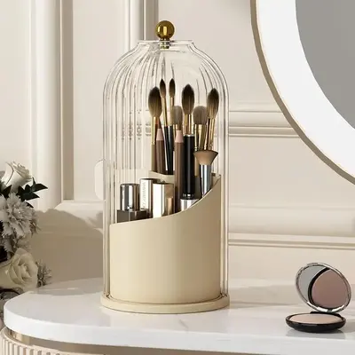Makeup Brush Holder Organizer with Lid,360 Rotating Clear Dustproof Makeup Brushe Organizer Boxes for Vanity Desktop Bathroom...