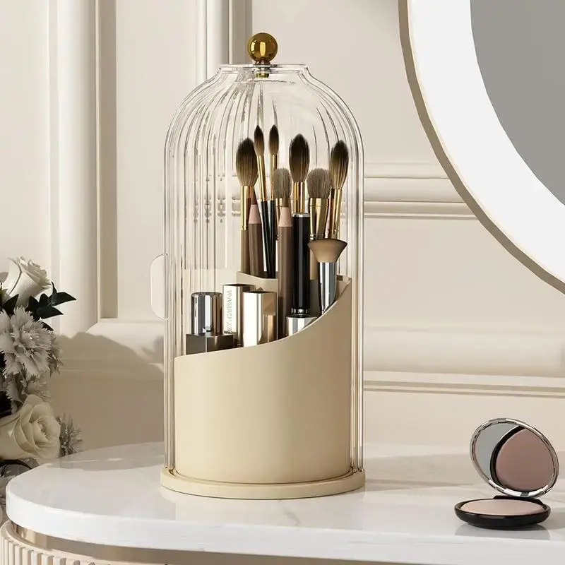 Makeup Brush Holder Organizer with Lid,360 Rotating Clear Dustproof Makeup Brushe Organizer Boxes for Vanity Desktop Bathroom...