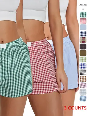 Women's Plaid Print Patched Button Shorts, Casual Striped Print Drop Waist Shorts for Fall, Ladies Bottoms for Daily Wear, Do...