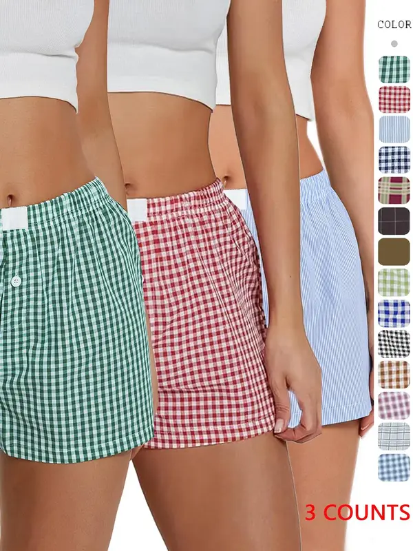 Women's Plaid Print Patched Button Shorts, Casual Striped Print Drop Waist Shorts for Fall, Ladies Bottoms for Daily Wear, Do...