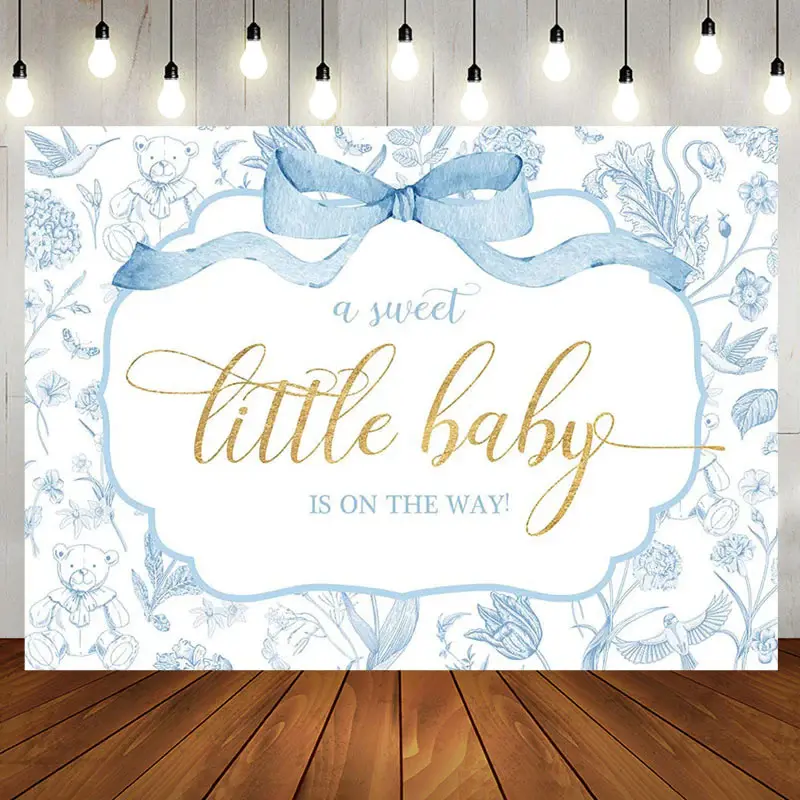 Aperturee White Blue Bear Floral Sweet Little Baby Backdrop - Aperturee