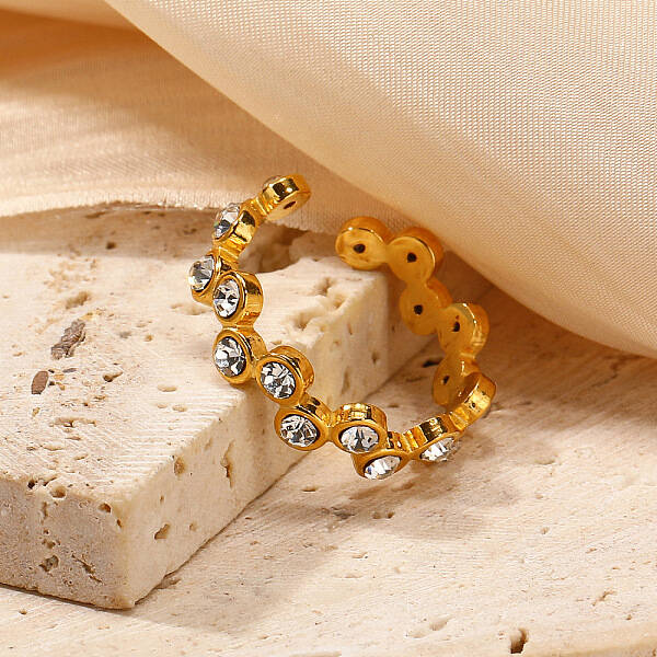 Flat Round 304 Stainless Steel with Cubic Zirconia Adjustable Cuff Rings for Women