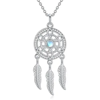 Sterling Silver Round Moonstone Dream Catcher Pendant Necklace