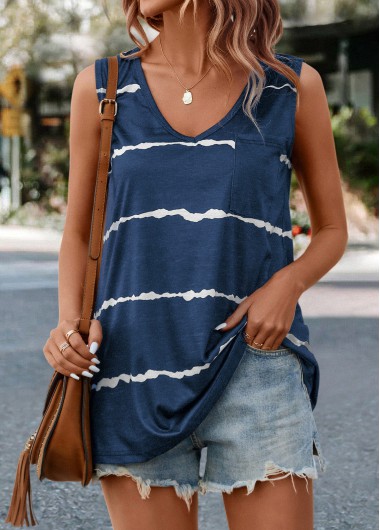 Modlily Navy Striped V Neck Tank Top - M