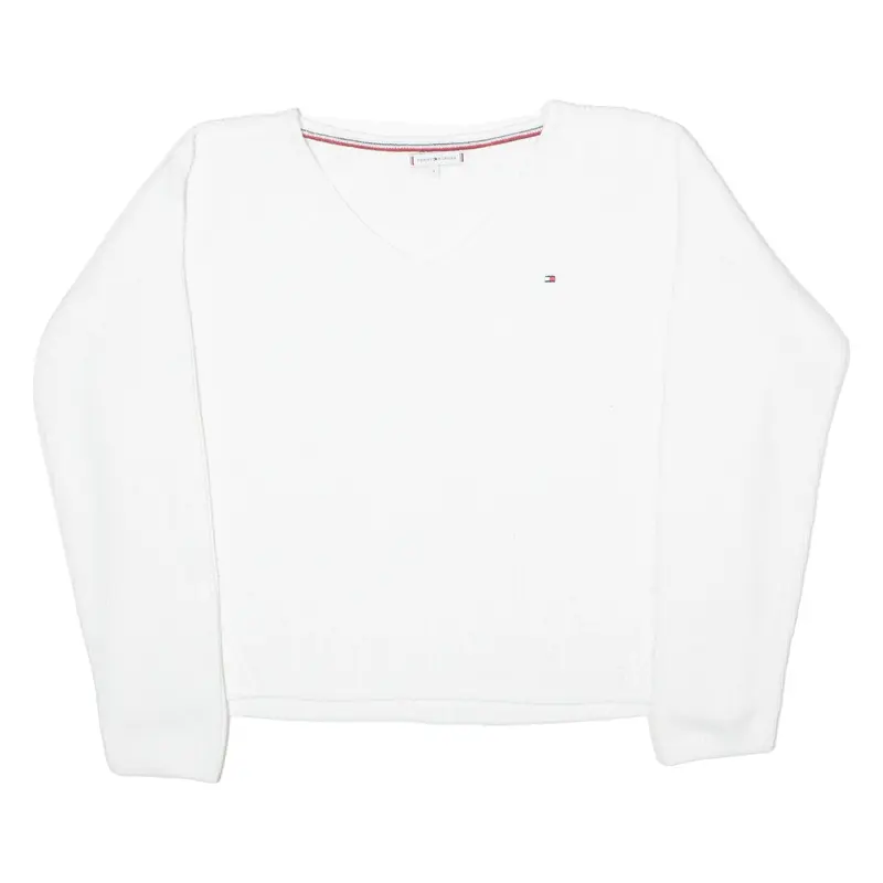 TOMMY HILFIGER Womens Jumper White V-Neck Tight Knit L