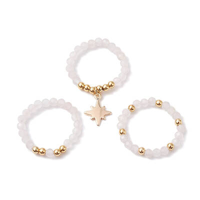 3Pcs 3 Styles Natural Rose Quartz Beaded Stretch Rings Set