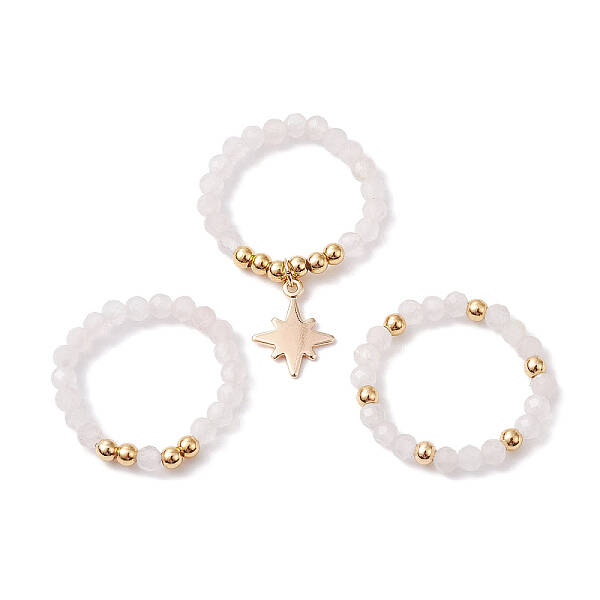 3Pcs 3 Styles Natural Rose Quartz Beaded Stretch Rings Set