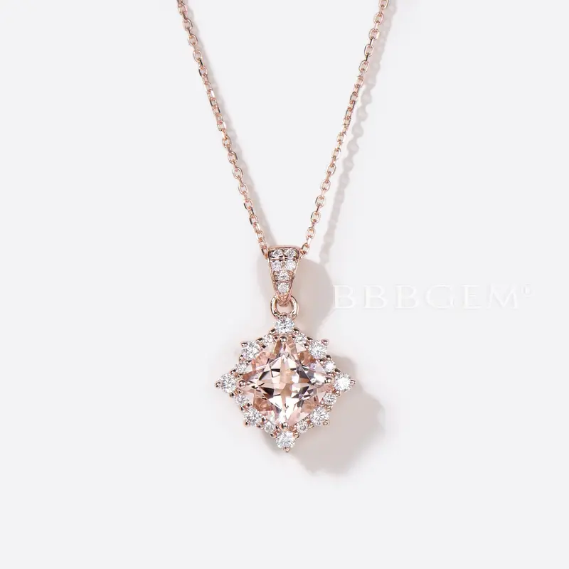 Cushion Cut Natural Morganite Pendant 14K Rose Gold Halo Diamond Necklace