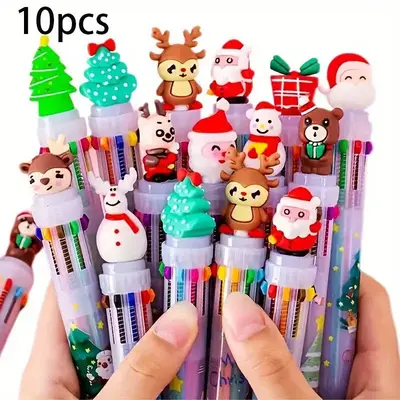 Random Christmas Themed 10-color Ballpoint Pen (1/5/10pcs), Cute Retractable Ballpoint Pen with Holiday Charm, Writing Pen fo...