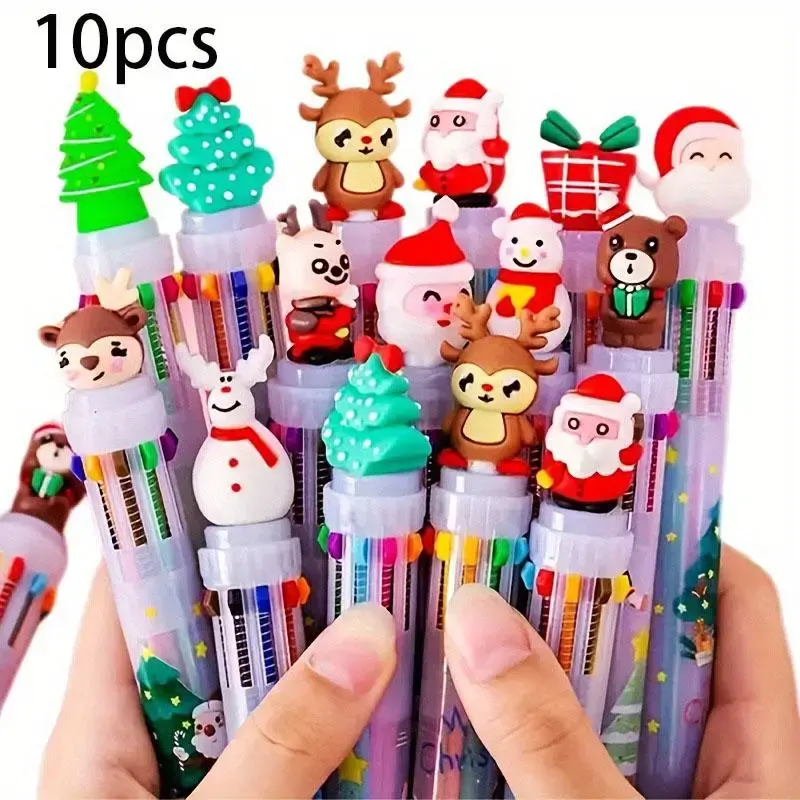 Random Christmas Themed 10-color Ballpoint Pen (1/5/10pcs), Cute Retractable Ballpoint Pen with Holiday Charm, Writing Pen fo...