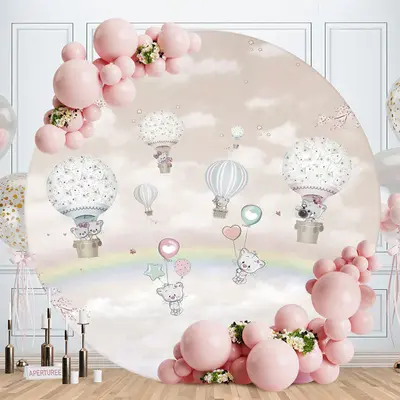Aperturee Ballon And Bear With Sky Round Baby Shower Backdrop