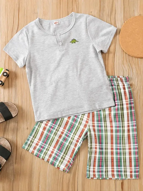 Two-Piece Set Boy's Dinosaur Print Short Sleeve Tee & Plaid Print Shorts, Casual Round Neck Button Top & Elastic Waist Shorts...