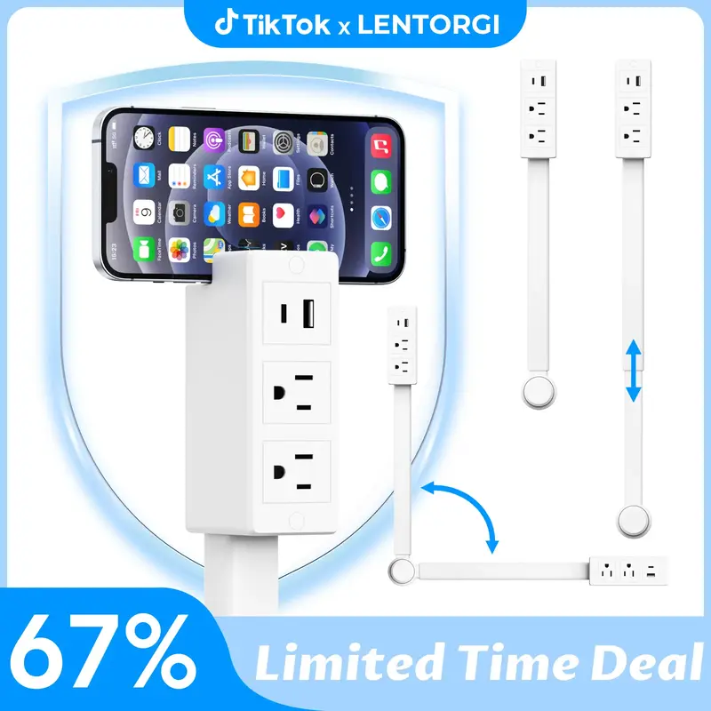 LENTORGI Outlet Extender with USB-C, USB-A & 2 AC Outlets, 180° Rotating Power Socket Expander, Extendable 18\