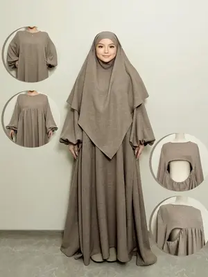 Women's Solid Color Flounce Sleeve Abaya with Khimar, Casual Long Sleeve Round Neck Maxi Muslim Dress, Ladies Islamic Clothin...