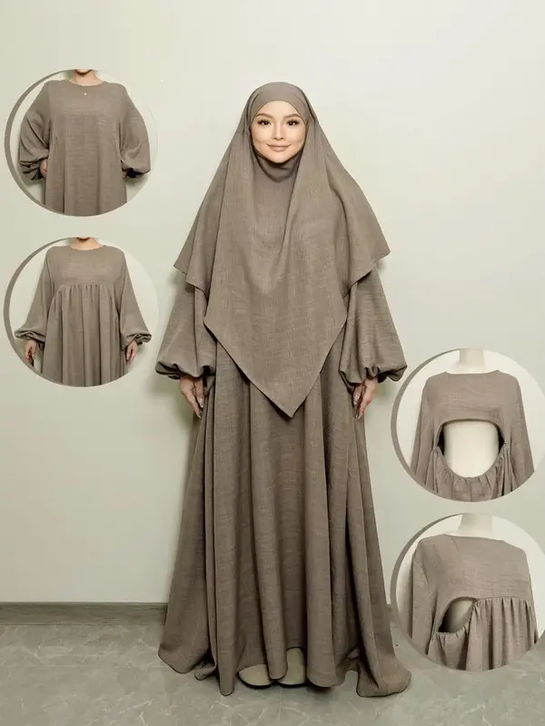 Women's Solid Color Flounce Sleeve Abaya with Khimar, Casual Long Sleeve Round Neck Maxi Muslim Dress, Ladies Islamic Clothin...