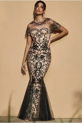 Goddiva Mesh & Lace Maxi With Scalloped Hem - Black