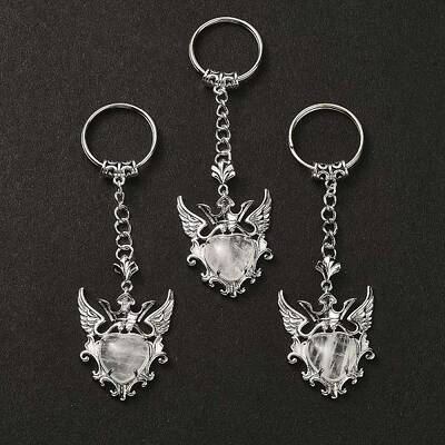 Natural Quartz Crystal Heart with Wing Pendant Keychain