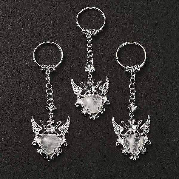 Natural Quartz Crystal Heart with Wing Pendant Keychain